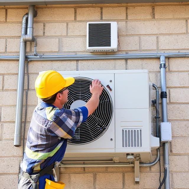 HVAC technician servicing AC unit